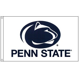 white flag with navy Athletic Logo above Penn State